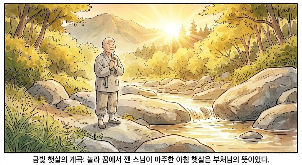 금빛 햇살 아래 세워진 돌단 and 사찰